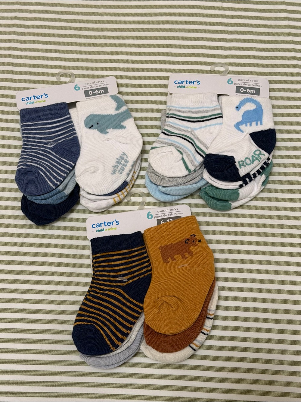 Carter's Baby Sock Sets with Dinosaurs & Stripes - Blue, Green, Mustard